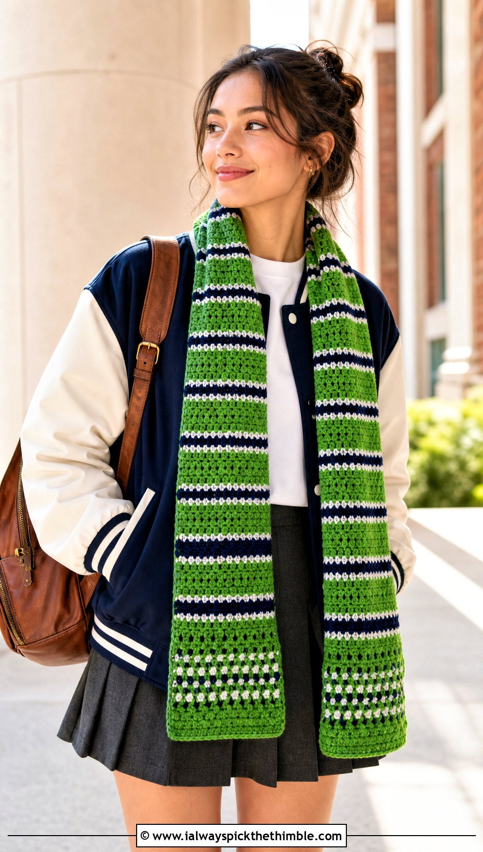 Striped Half Double Crochet Scarf With Varsity Jacket - 20 Half Double Crochet Scarf outfit ideas