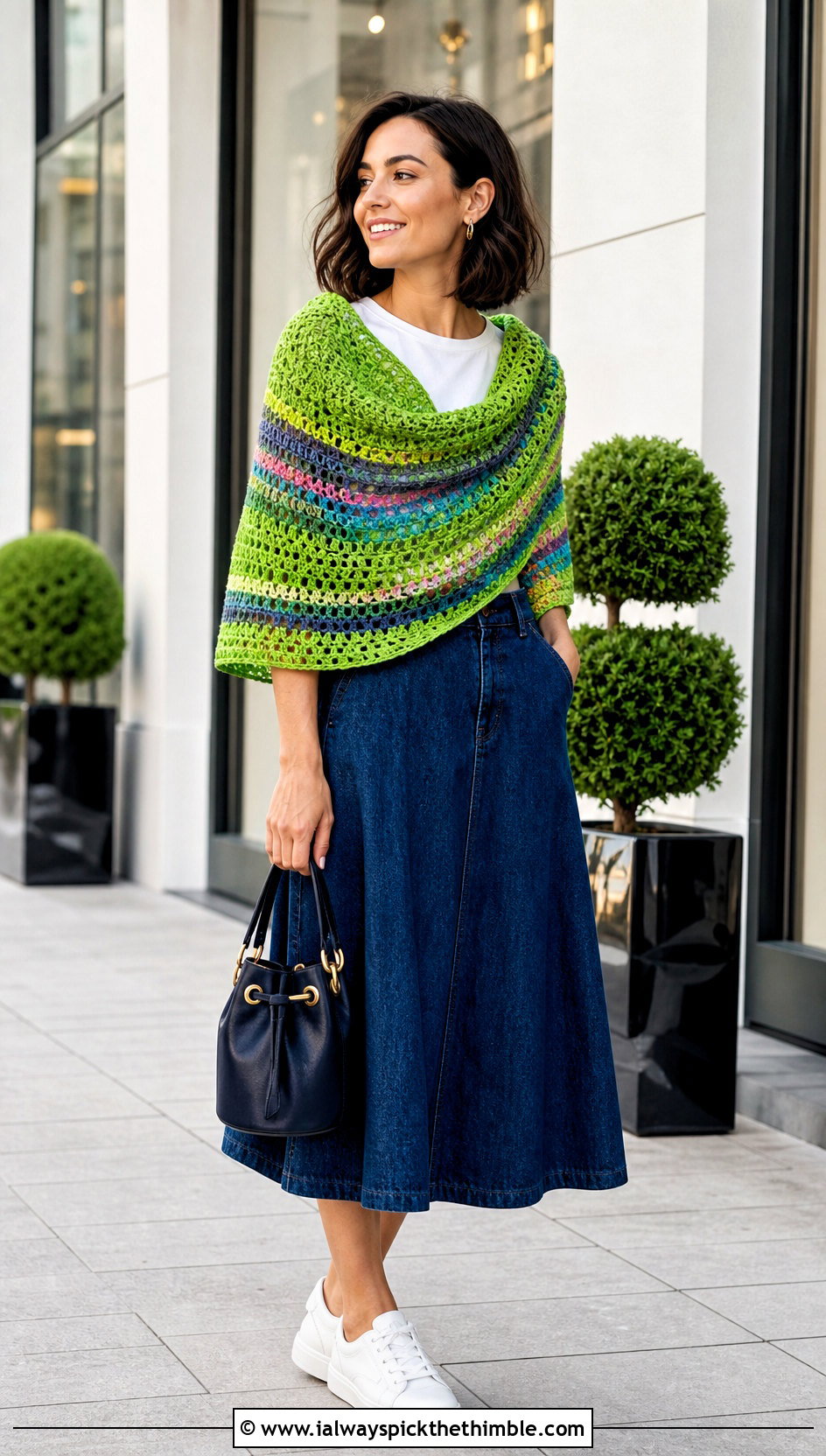 Striped Half Moon Crochet Shawl With Denim Midi Skirt - 20 Half Moon Crochet Shawl outfit ideas