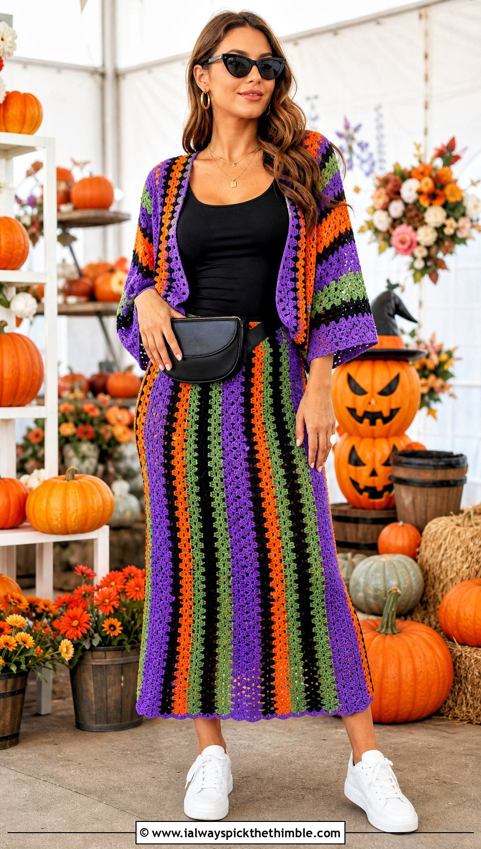 Striped Halloween Crochet Set With Sneakers - 20 Crochet Halloween Clothes and outfit ideas