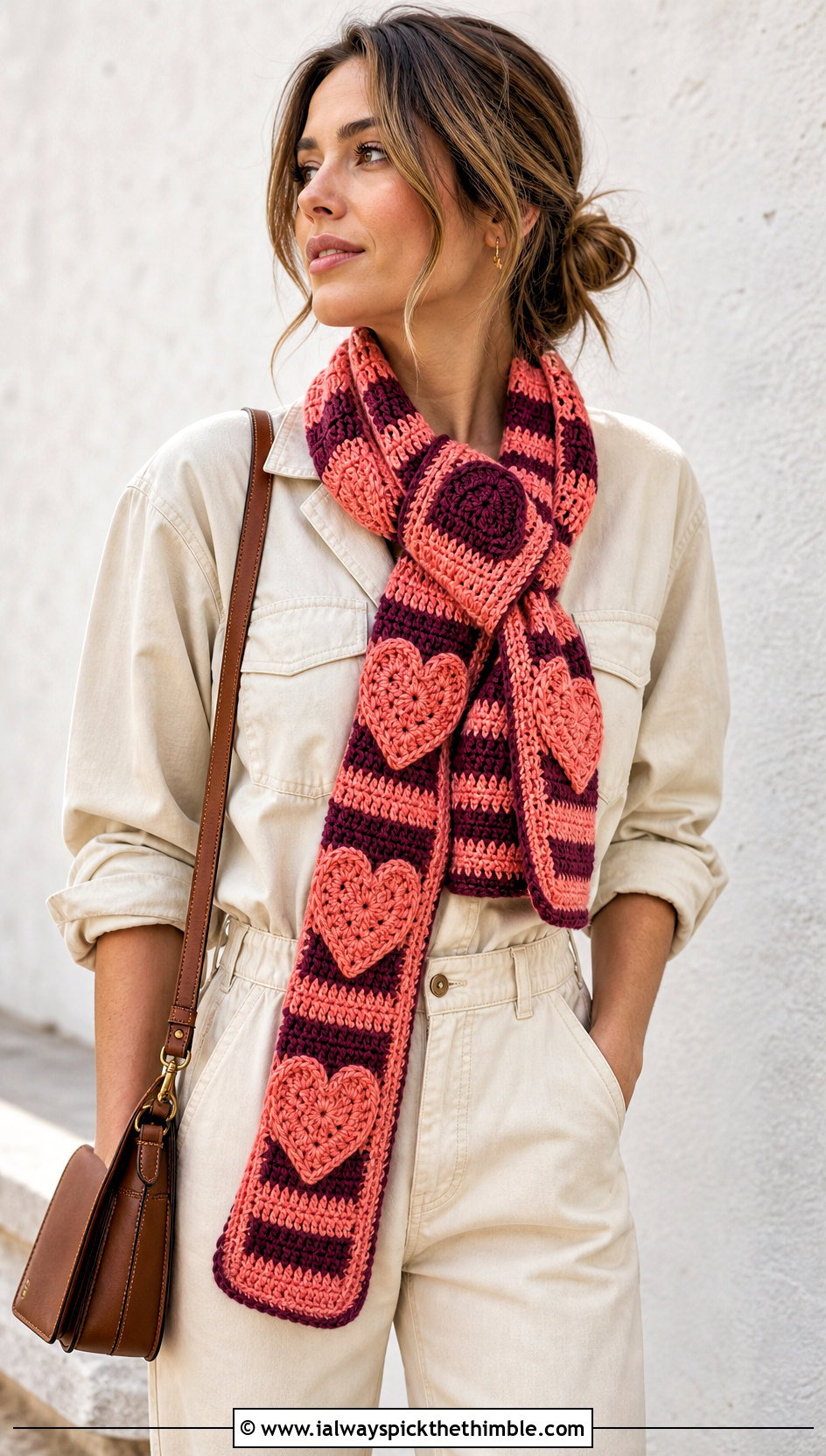 Striped Heart Scarf With Utility Jumpsuit - 20 crochet heart scarf outfit ideas