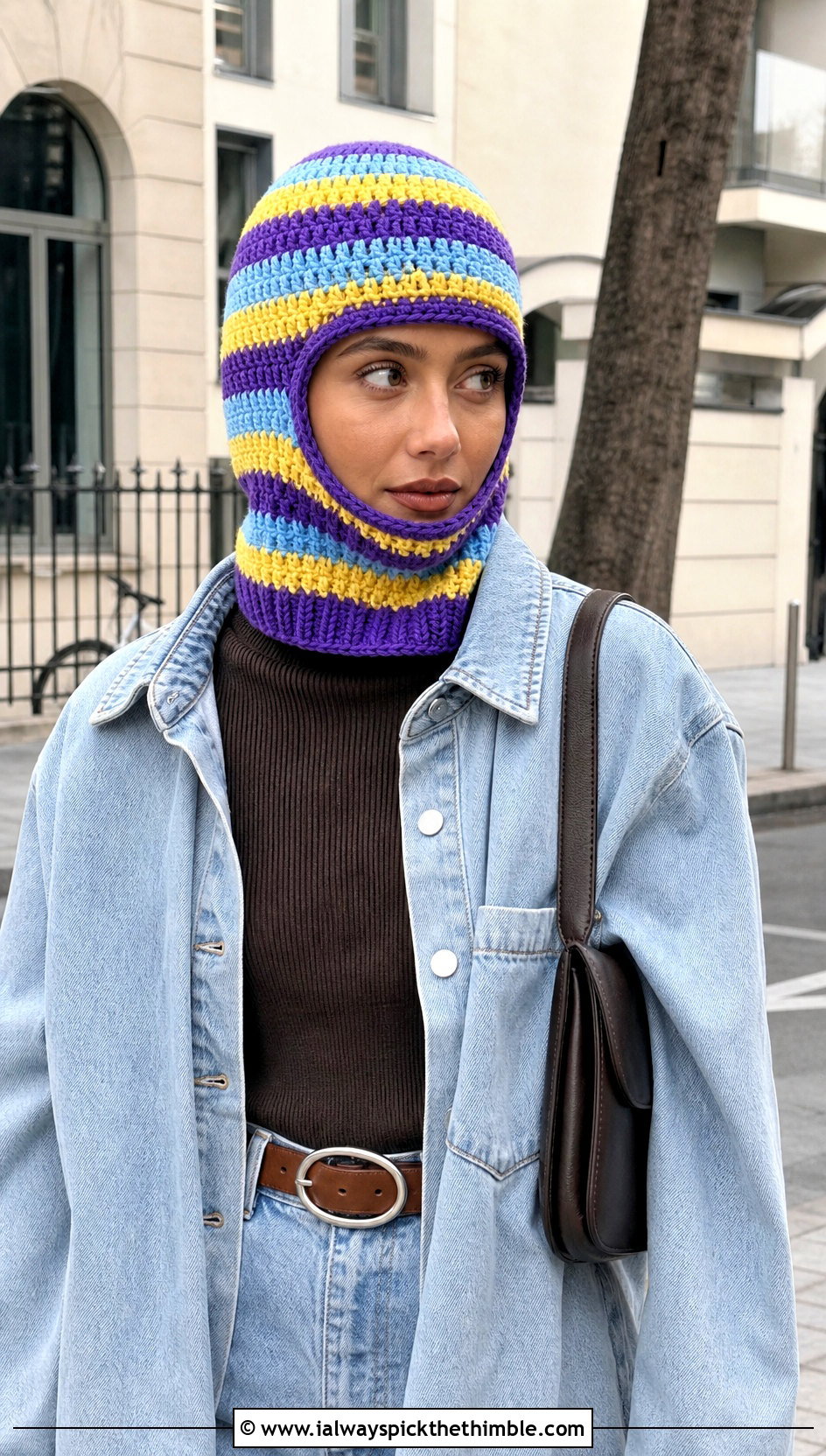 Striped Helmet Balaclava With Double Denim - 20 crochet helmet balaclava outfit ideas