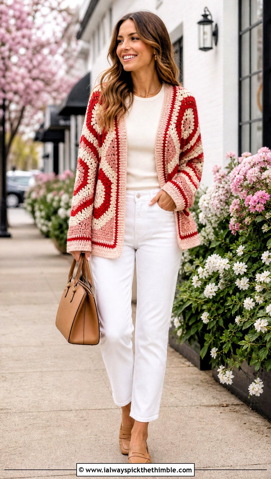 Striped Hexagon Cardigan With White Jeans - 25 crochet hexagon cardigan outfit ideas
