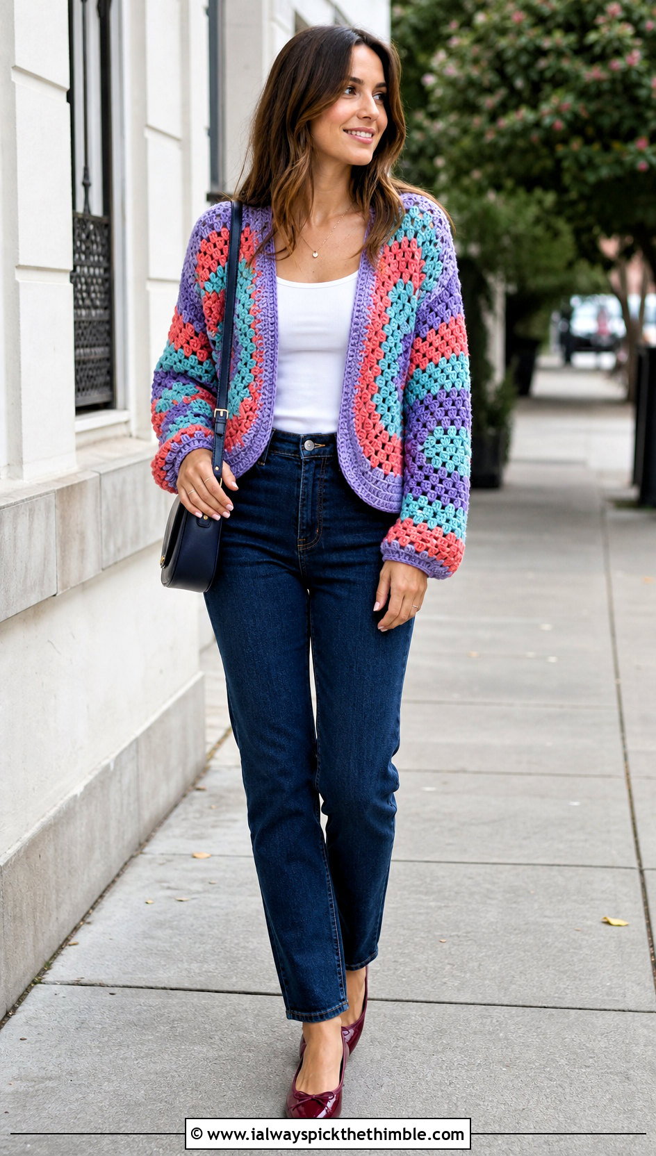 Striped Hexagon Crochet Cardigan With Straight Leg Jeans - 25 hexagon crochet cardigan outfit ideas