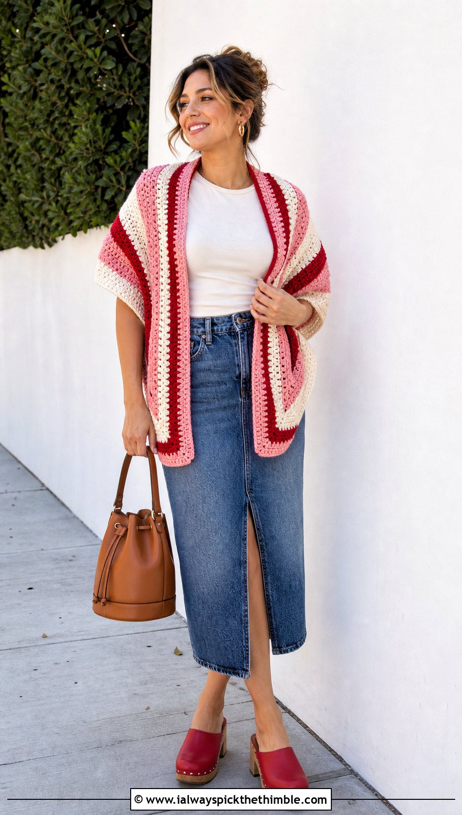 Striped Hexagon Shawl With Denim Midi Skirt - 20 Crochet Hexagon Shawl outfit ideas