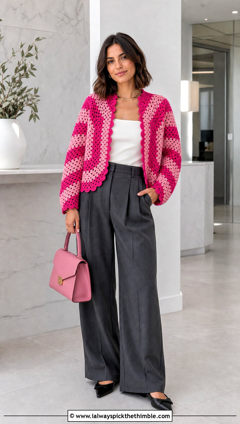 Striped Hexi Cardi With Wide Leg Trousers - 25 crochet hexi cardi outfit ideas