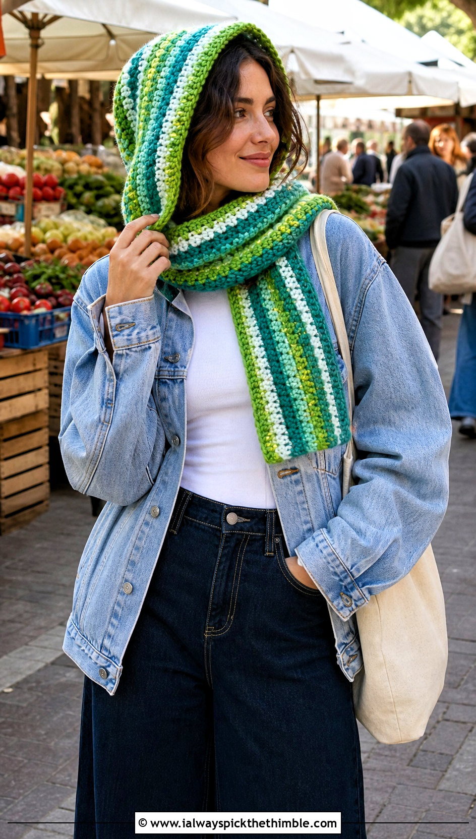 Striped Hood Scarf With Denim Jacket - 25 crochet hood scarf outfit ideas
