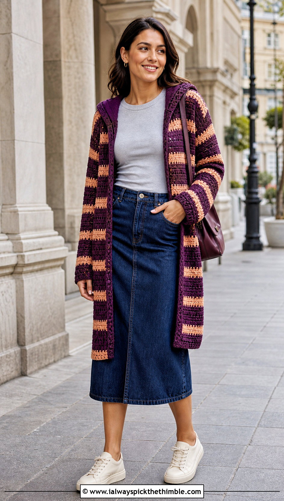 Striped Hooded Crochet Cardigan With Denim Skirt - 25 hooded crochet cardigan outfit ideas