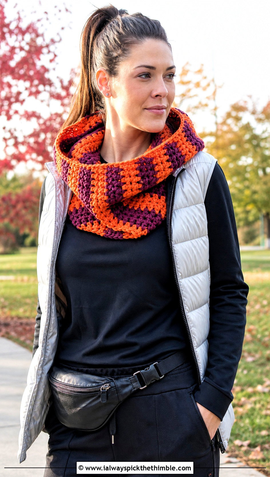 Striped Hooded Crochet Cowl With Puffer Vest - 15 striped crochet cowl outfit ideas