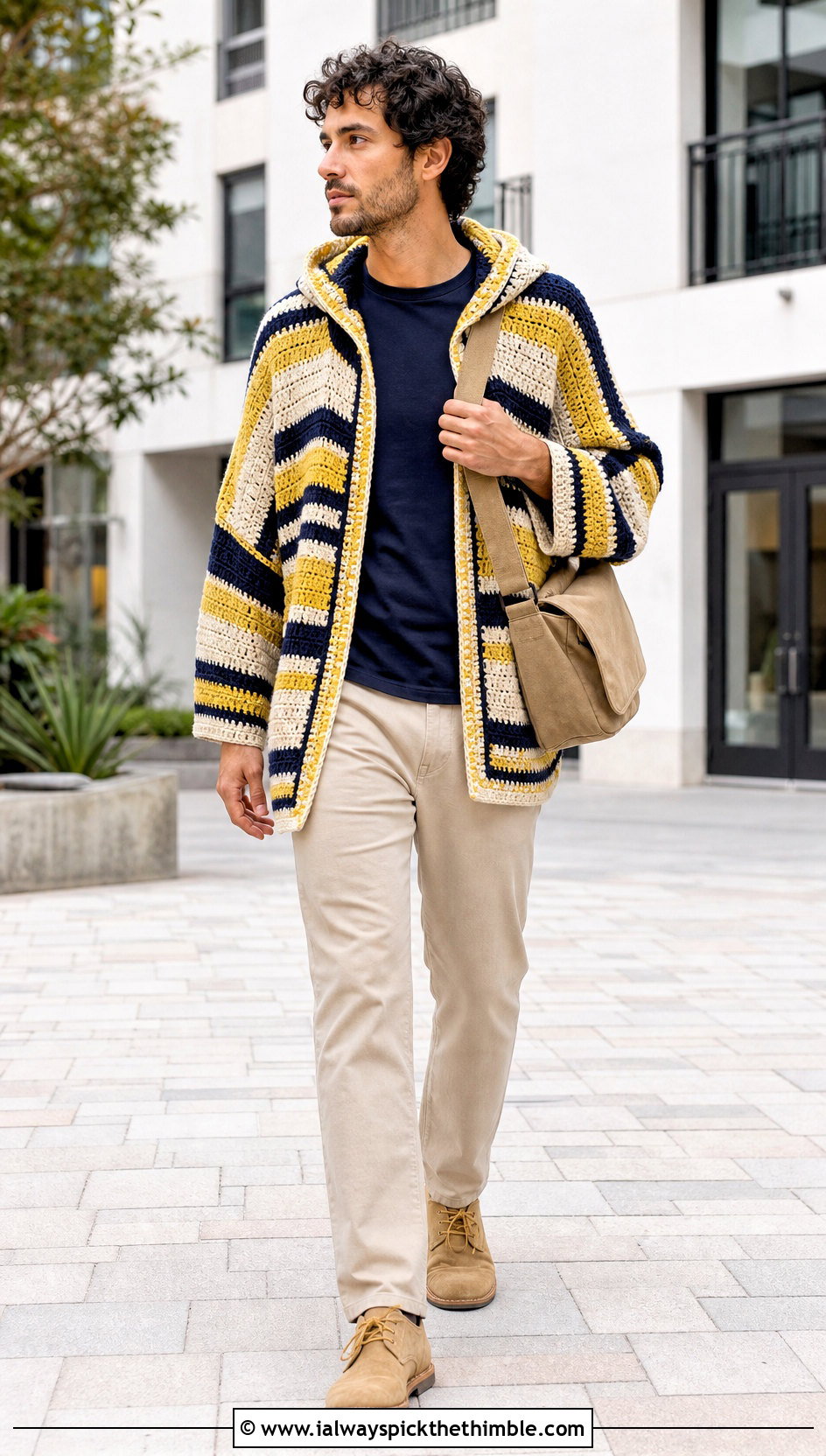Striped Hooded Crochet Poncho With Chinos - 15 mens hooded crochet poncho outfit ideas