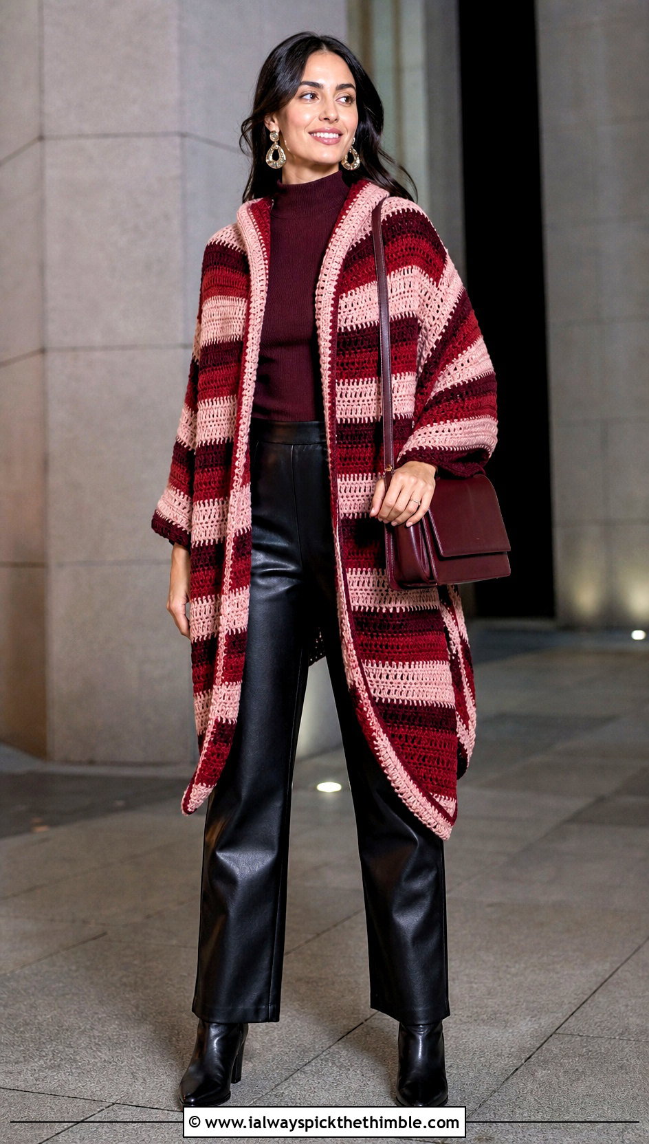 Striped Hooded Crochet Ruana With Leather Pants - 20 Hooded Crochet Ruana outfit ideas