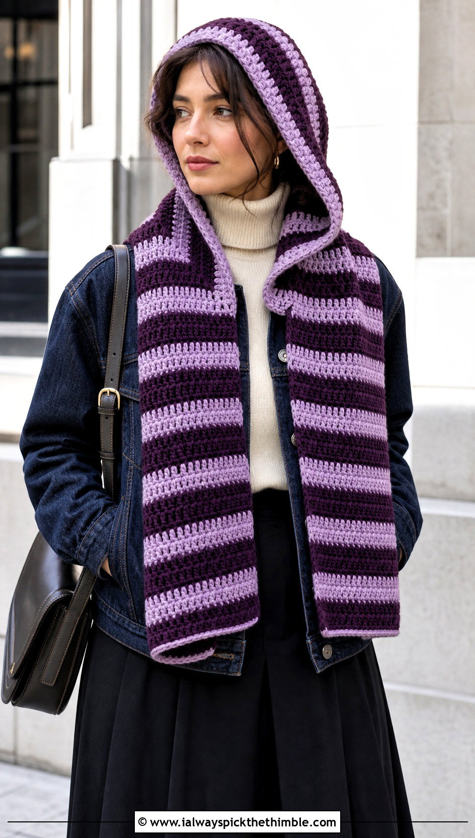 Striped Hooded Scarf With Denim Jacket - 20 crochet scarf with hood outfit ideas