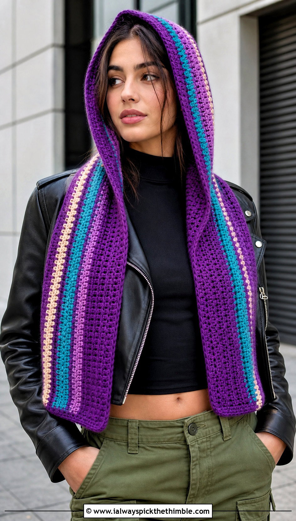 Striped Hooded Scarf With Leather Jacket And Cargo Pants - 25 crochet hooded scarf outfit ideas