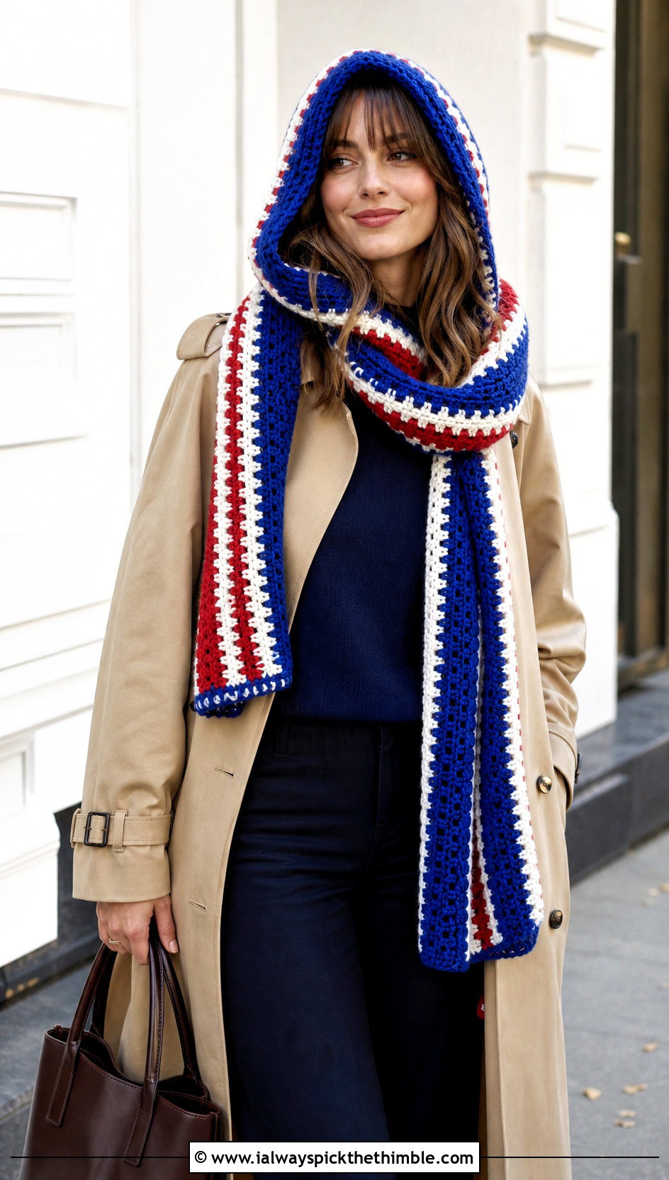 Striped Hooded Scarf With Trench Coat - 20 Crochet Hoodie Scarf outfit ideas