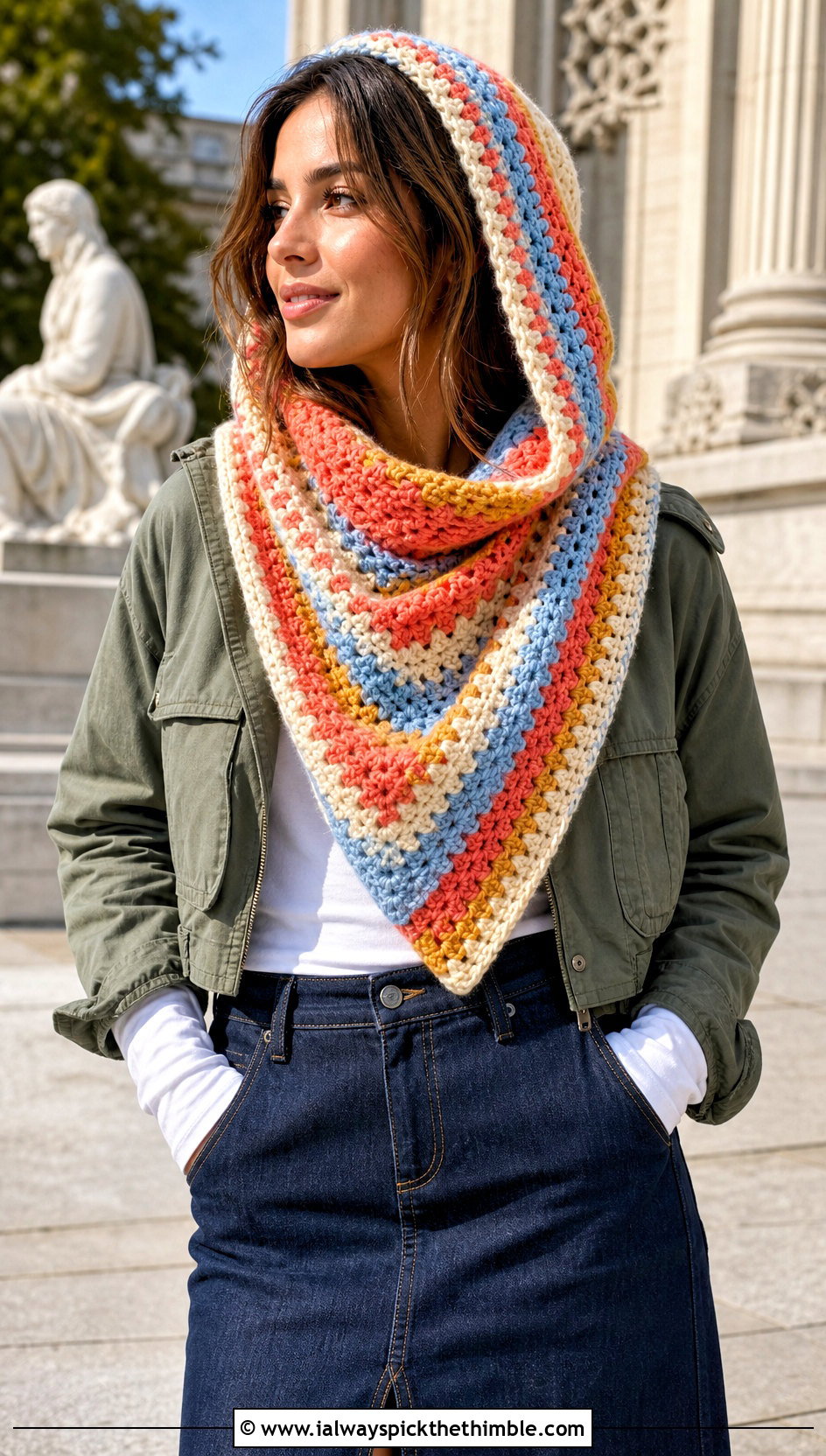 Striped Hooded Triangle Crochet Scarf With Denim Skirt - 20 Hooded Triangle Crochet Scarf outfit ideas