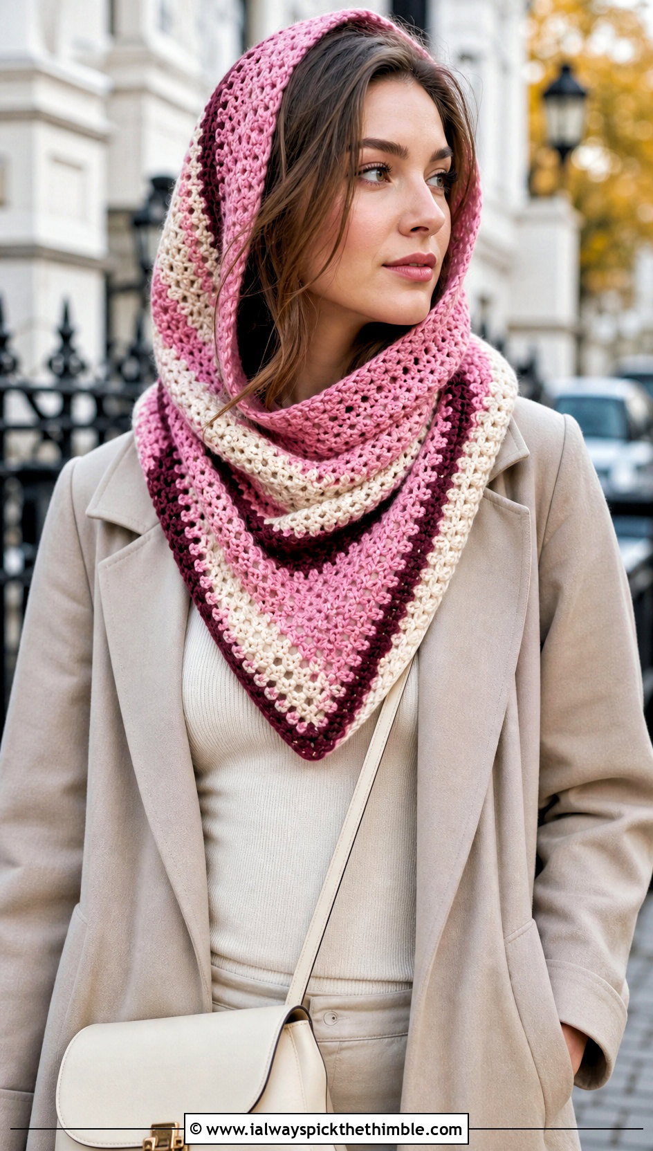 Striped Hooded Triangle Crochet Shawl With Trench Coat - 20 Hooded Triangle Crochet Shawl outfit ideas