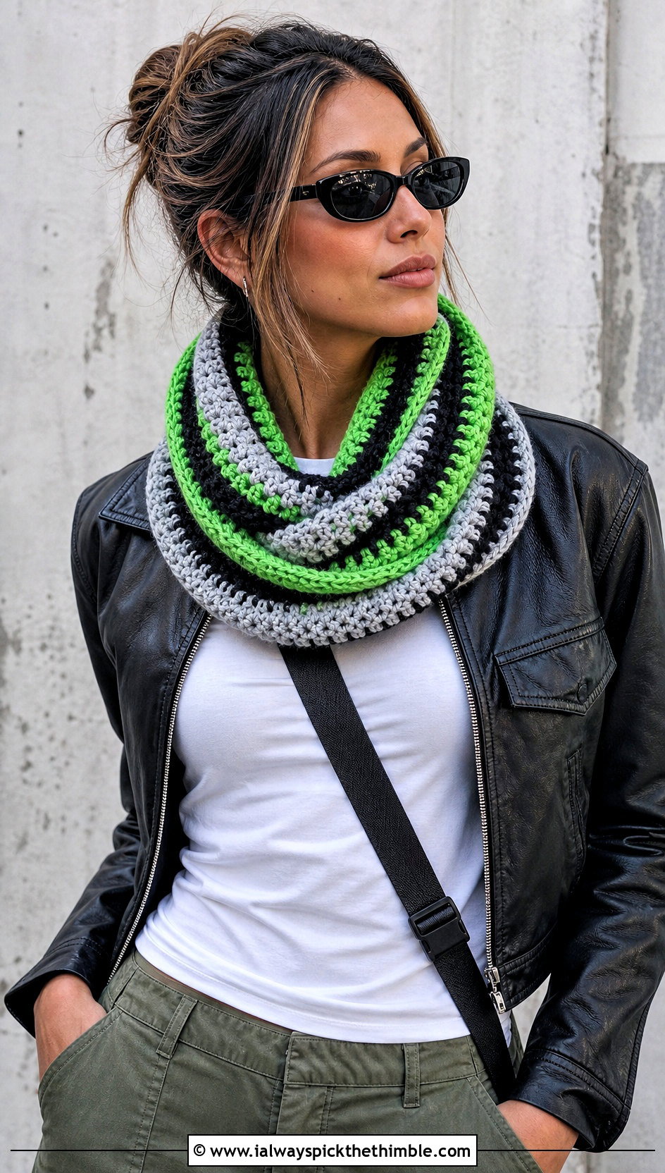 Striped Infinity Crochet Cowl With Leather Jacket - 15 striped crochet cowl outfit ideas