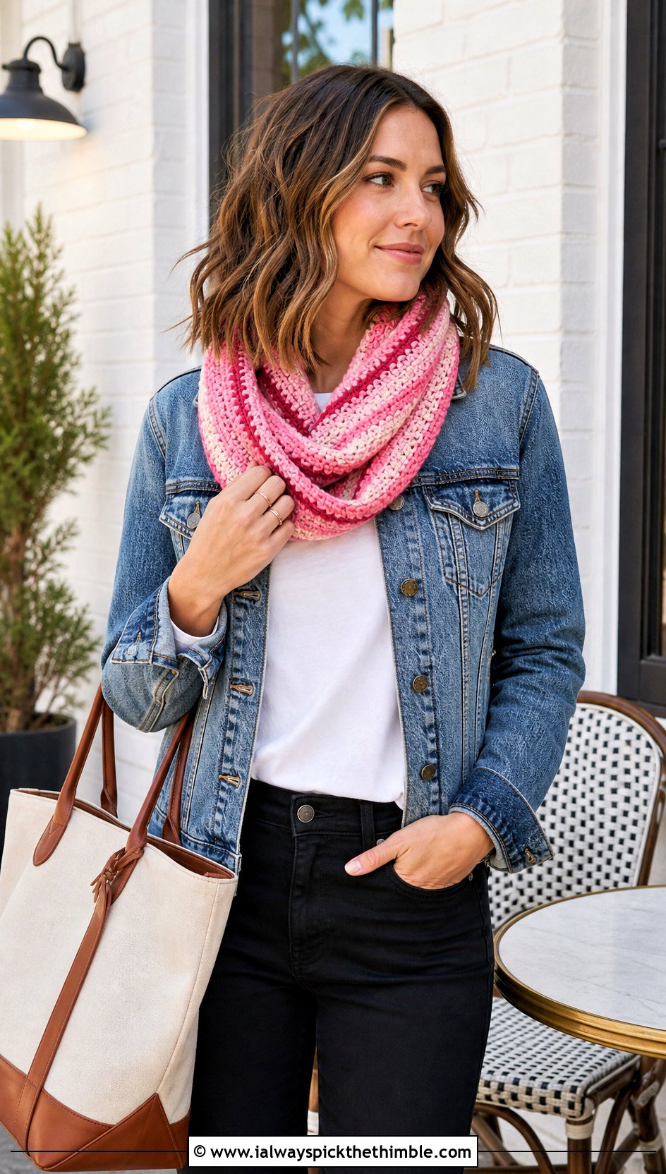 Striped Infinity Scarf With Denim Jacket - 20 Beginner Crochet Infinity Scarf outfit ideas