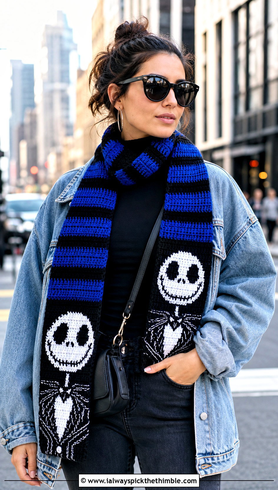 Striped Jack Skellington Crochet Scarf With Denim Jacket - 20 Crochet Jack Skellington Scarf outfit ideas