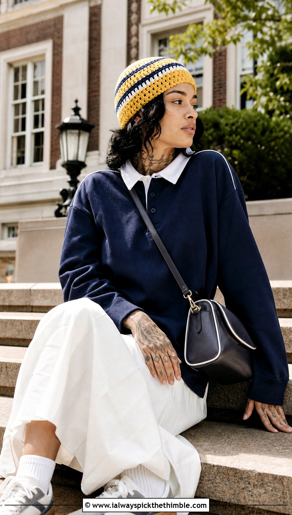 Striped Kehlani Crochet Skull Cap With Rugby Shirt And Pleated Skirt - 15 kehlani crochet hat outfit ideas
