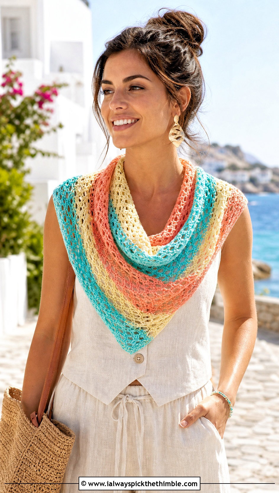 Striped Lace Mesh Crochet Cowl With Linen Set - 15 striped crochet cowl outfit ideas
