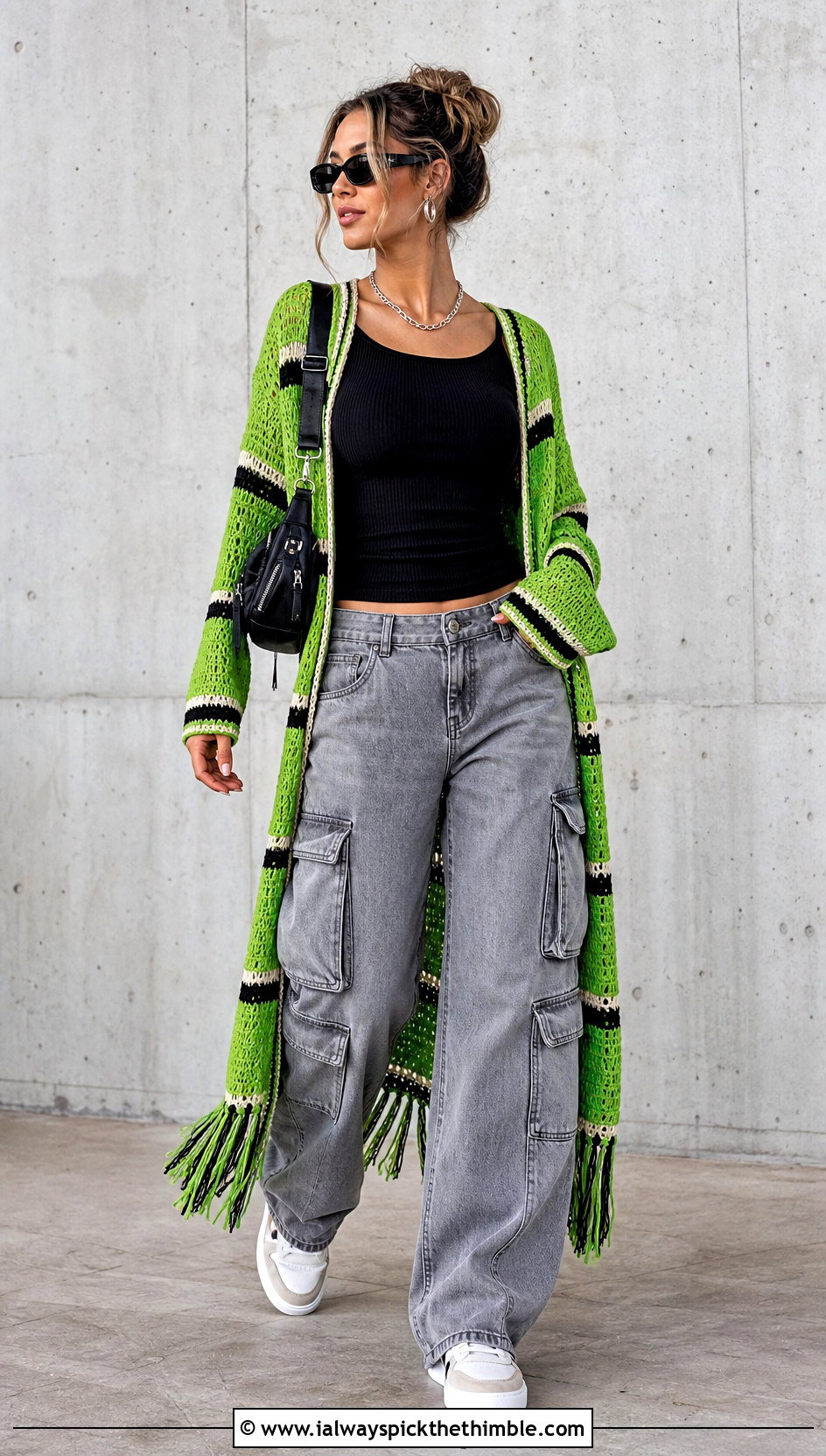 Striped Long Crochet Cardigan With Fringe And Cargo Pants - 15 long crochet cardigan with fringe outfit ideas