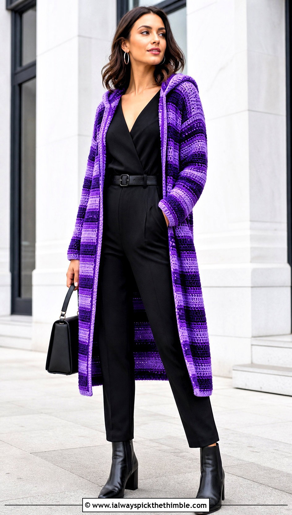 Striped Long Hooded Cardigan With Black Jumpsuit - 20 crochet long hooded cardigan outfit ideas