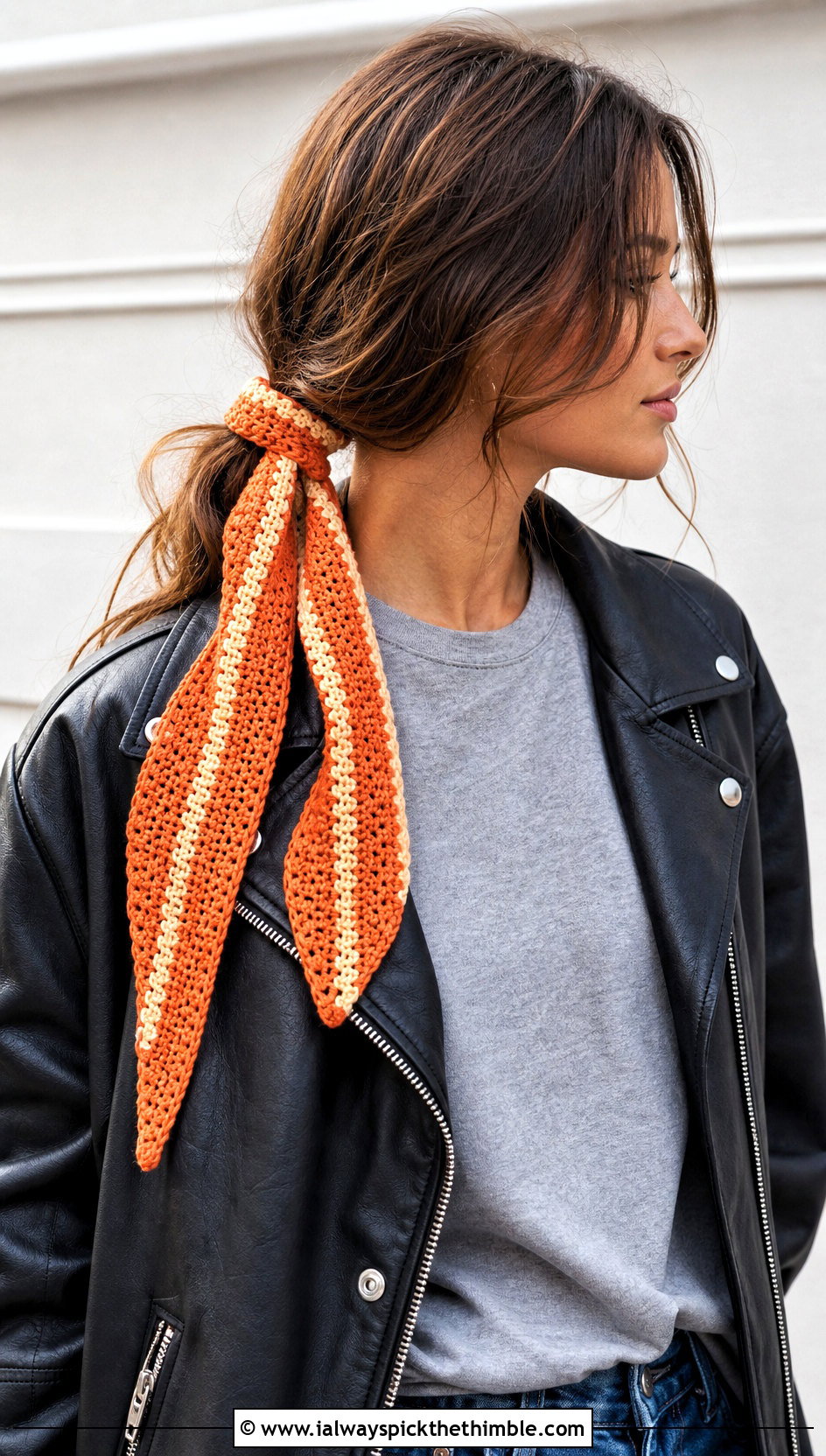 Striped Long Tail Crochet Hair Tie Scarf With Leather Jacket - 20 crochet hair tie scarf outfit ideas