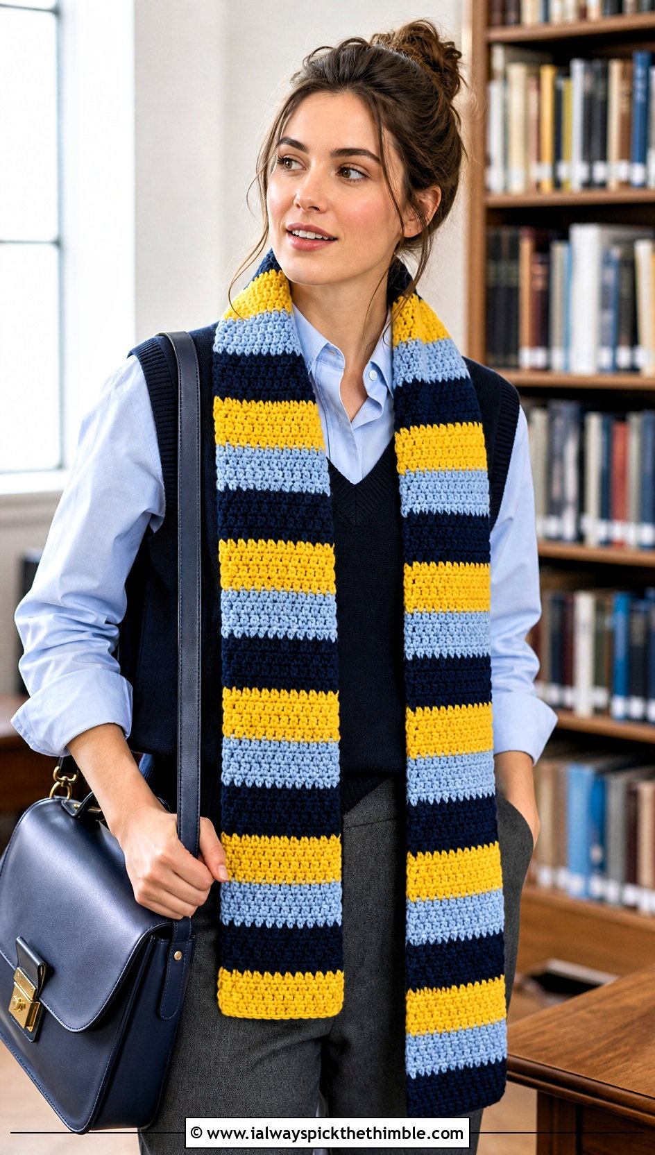 Striped Longline Crochet Scarf With Sweater Vest - 20 crochet scarf design ideas