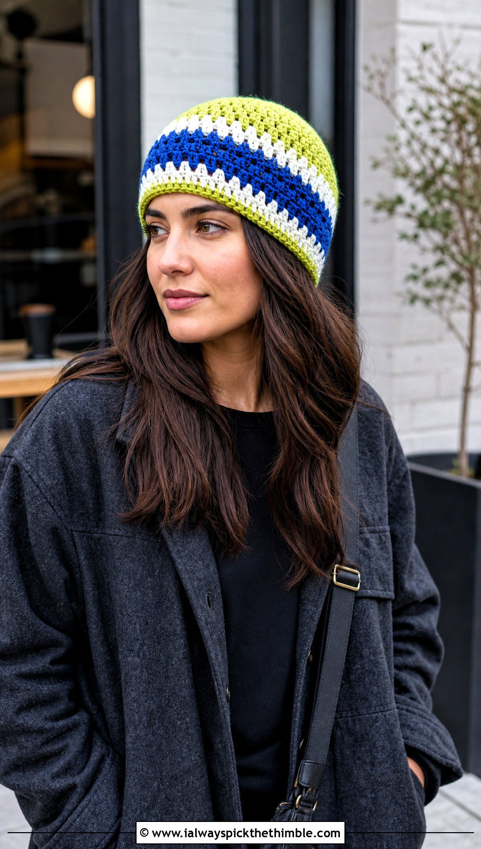 Striped Magic Circle Crochet Beanie With Shacket - 20 Crochet Beanie Magic Circle outfit ideas