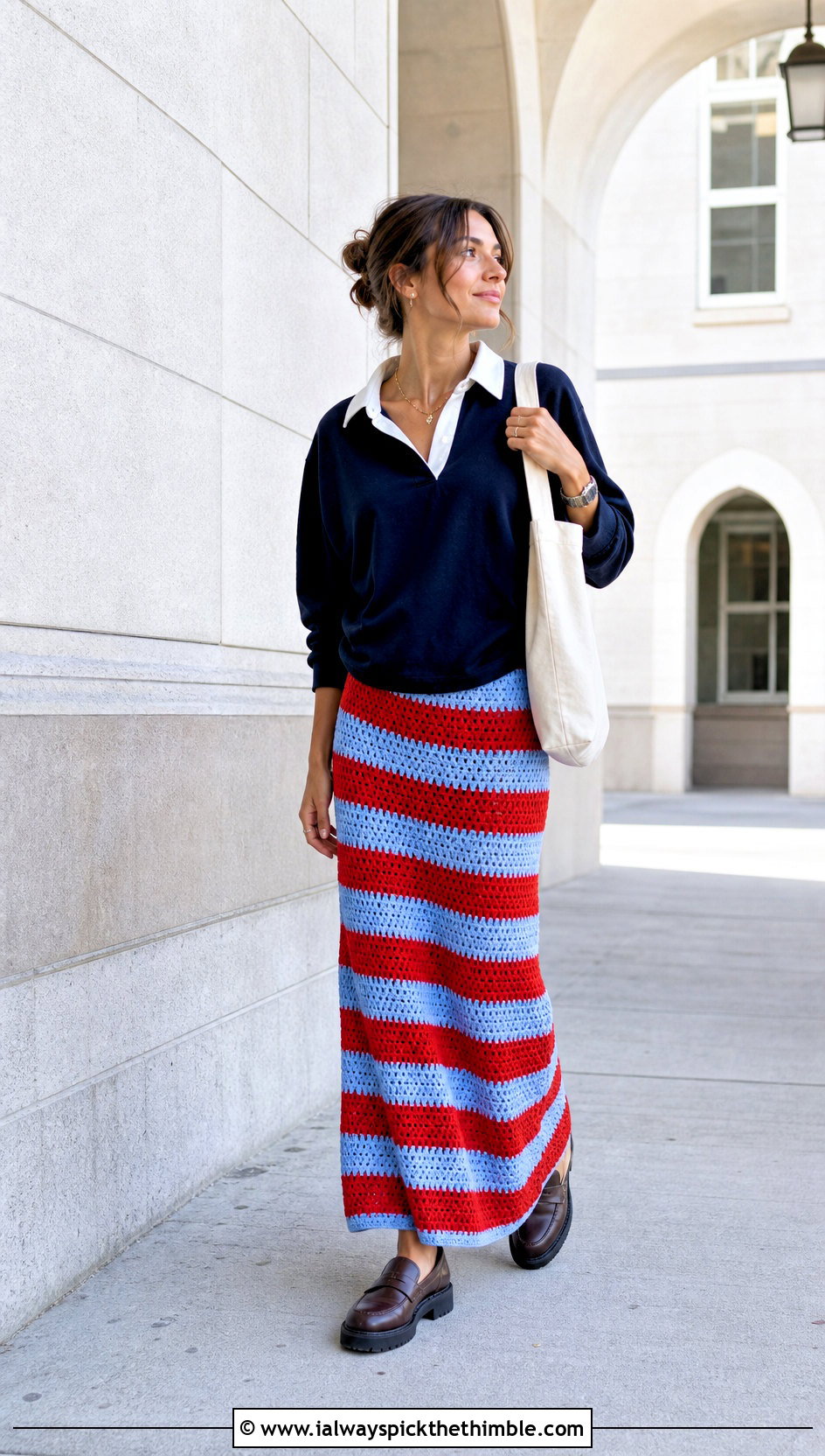 Striped Maxi Crochet Skirt With Rugby Shirt - 25 maxi crochet skirt outfit ideas
