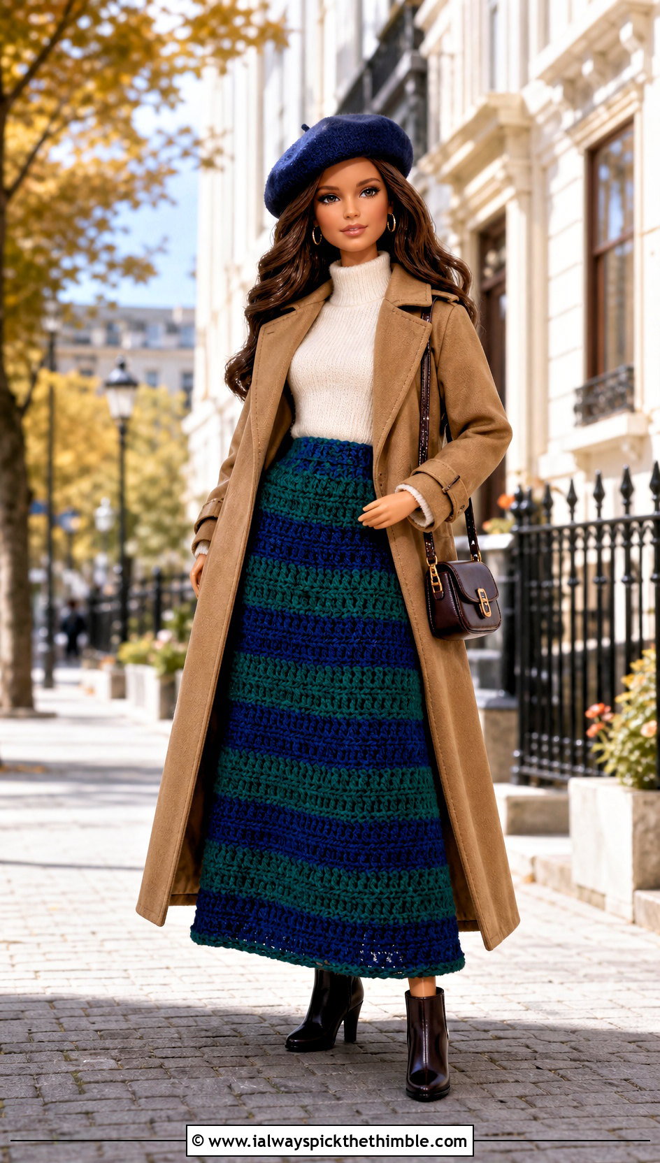Striped Maxi Doll Skirt With Trench Coat - 15 Crochet Doll Skirts outfit ideas
