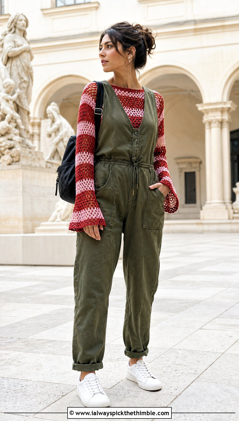 Striped Mesh Bell Sleeve Crochet Sweater With Utility Jumpsuit - 20 crochet sweater bell sleeves outfit ideas