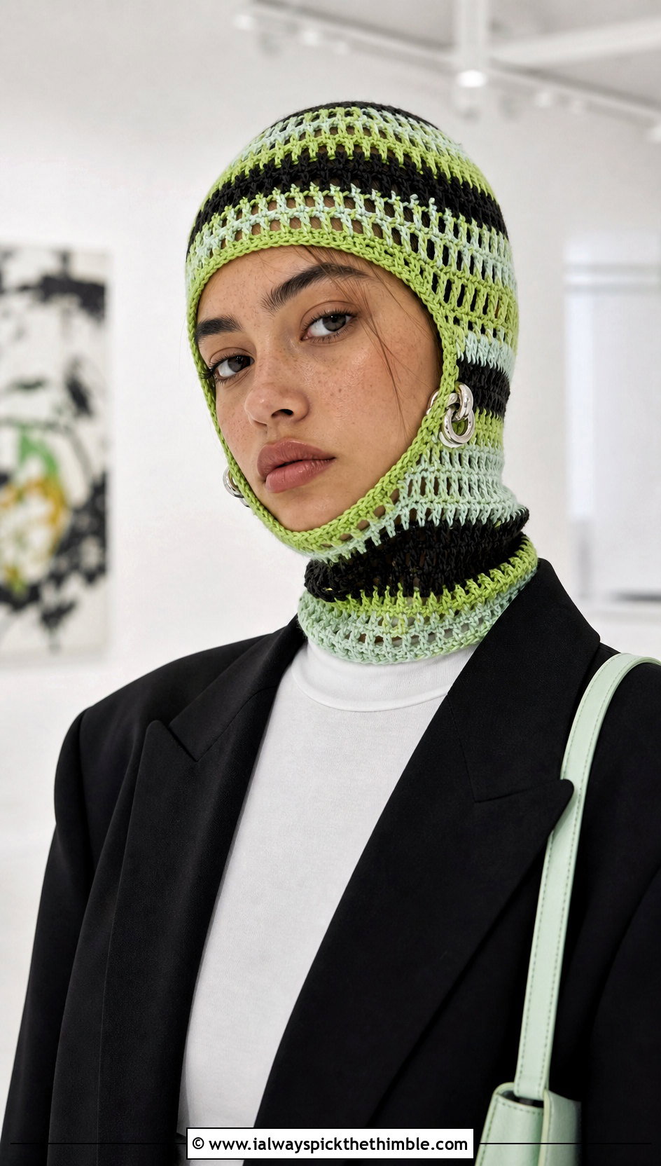 Striped Mesh Crochet Balaclava With Oversized Blazer - 15 Striped Crochet Balaclava outfit ideas