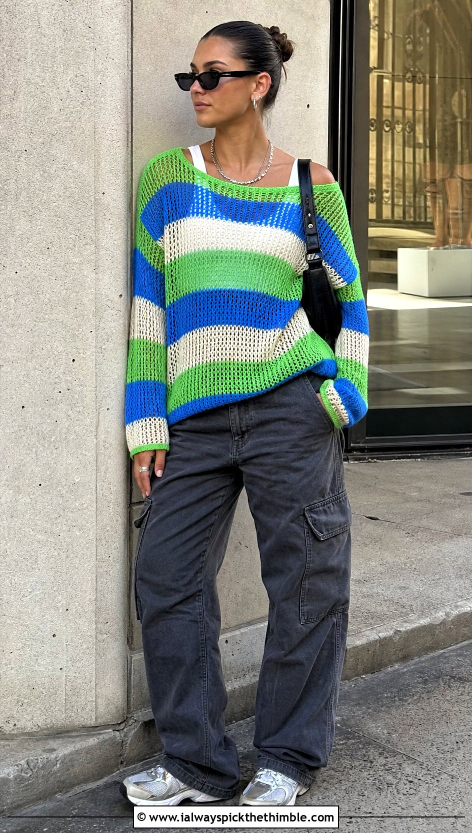 Striped Mesh Crochet Sweater With Cargo Pants - 25 colorful crochet sweater outfit ideas