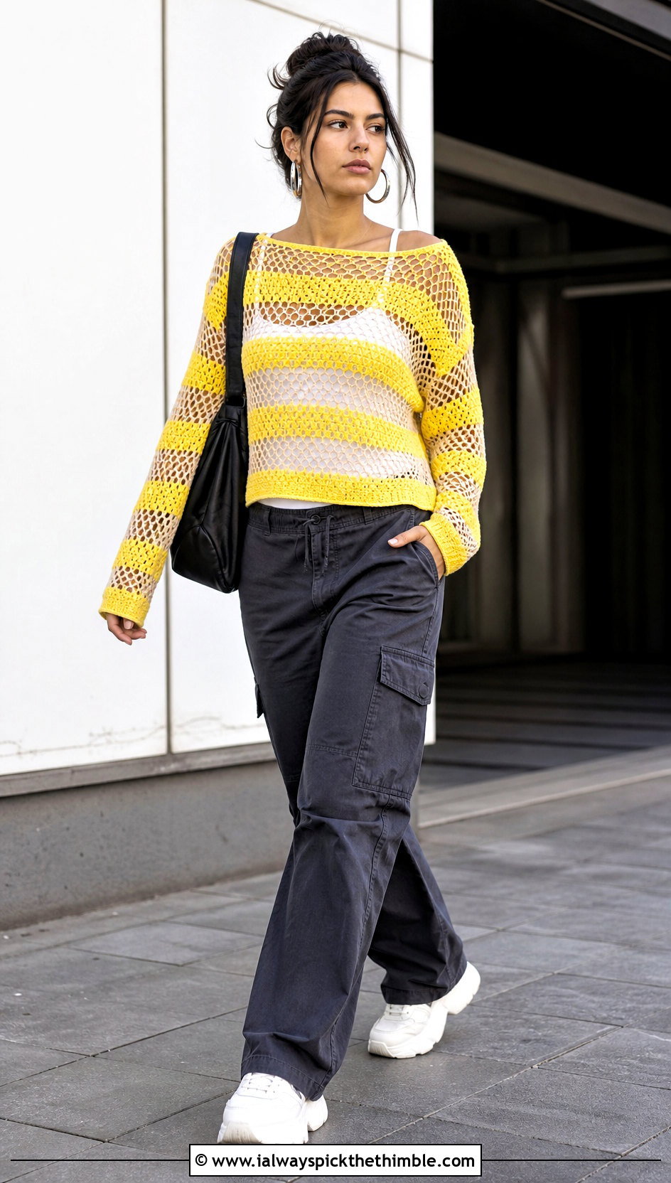 Striped Mesh Crochet Sweater With Cargo Pants - 20 90s crochet sweater outfit ideas