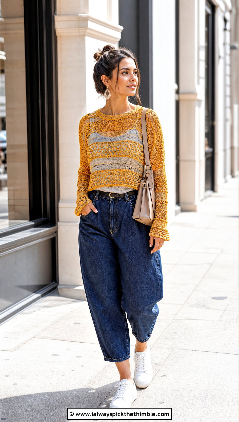 Striped Mesh Crochet Top With Barrel Jeans - 25 mesh crochet top outfit ideas