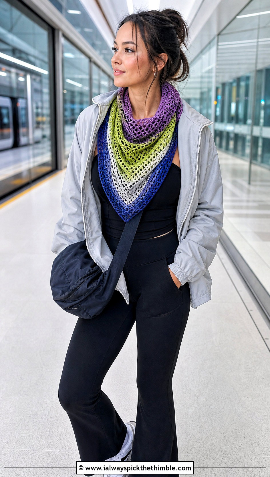 Striped Mesh Triangle Shawl With Athleisure Outfit - 20 Crochet Lace Triangle Shawl outfit ideas