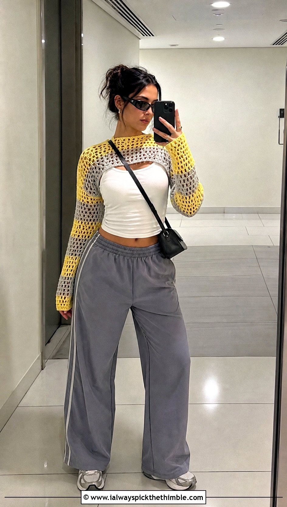 Striped Mesh Y2K Crochet Shrug With Track Pants - 15 Y2K Crochet Shrug outfit ideas