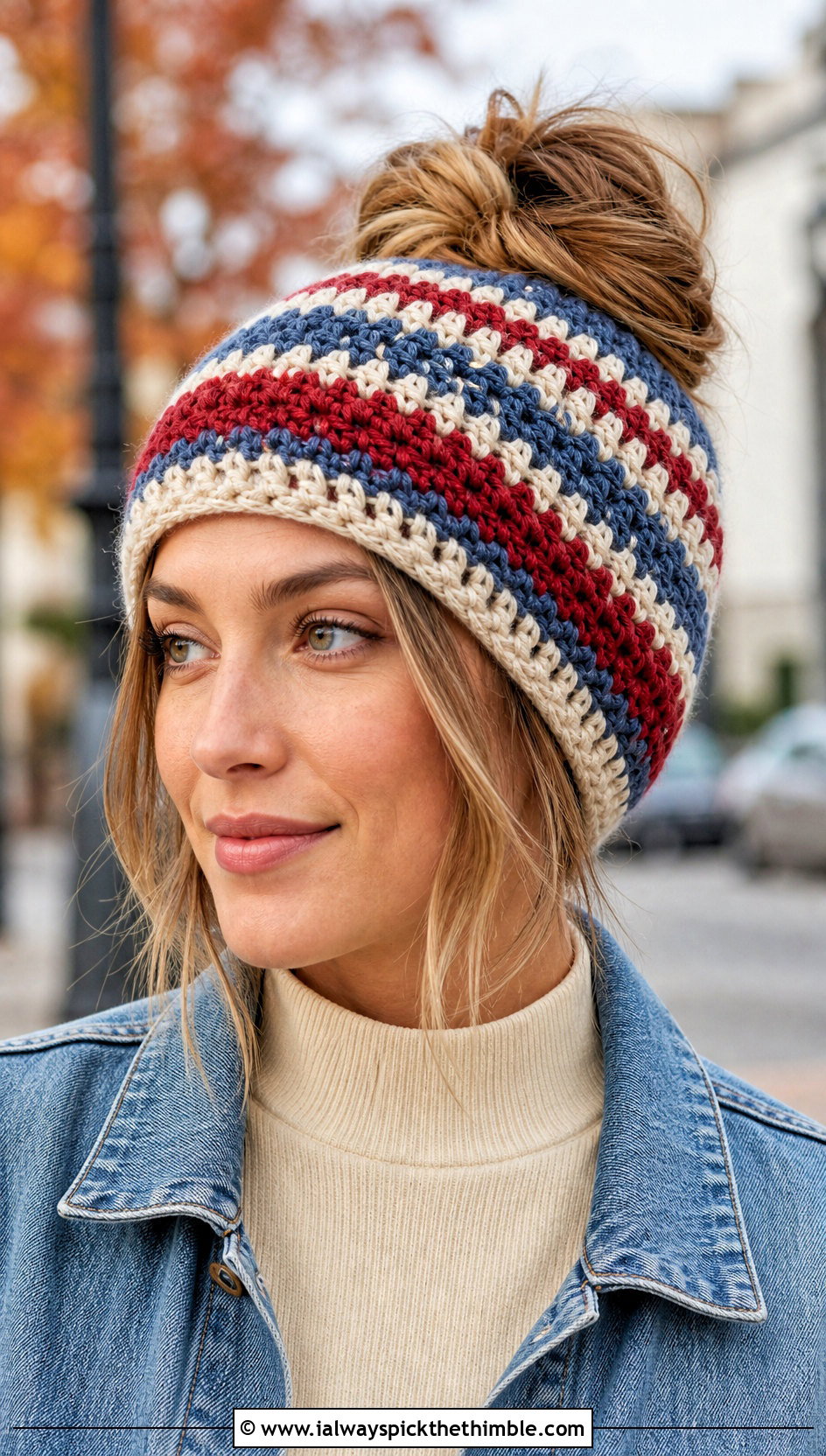 Striped Messy Bun Crochet Hat With Denim Jacket - 20 messy bun crochet hat with hair tie outfit ideas