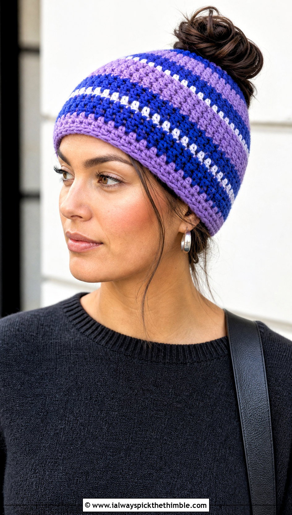 Striped Messy Bun Crochet Hat With Monochrome Outfit - 20 Easy Messy Bun Crochet Hat outfit ideas