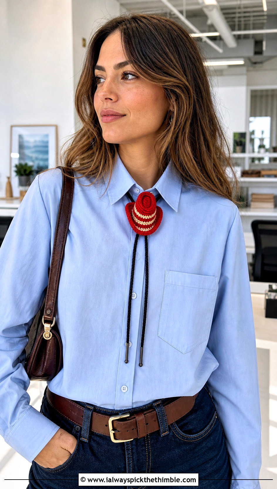 Striped Mini Cowboy Hat Bolo Tie With Button Down Shirt - 25 crochet mini cowboy hat outfit ideas