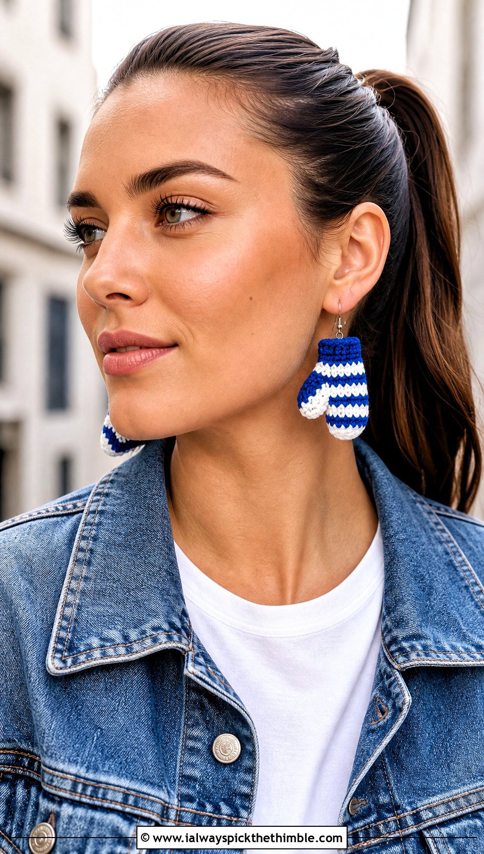 Striped Mini Crochet Mitten Earrings With Double Denim - 15 mini crochet mittens outfit ideas