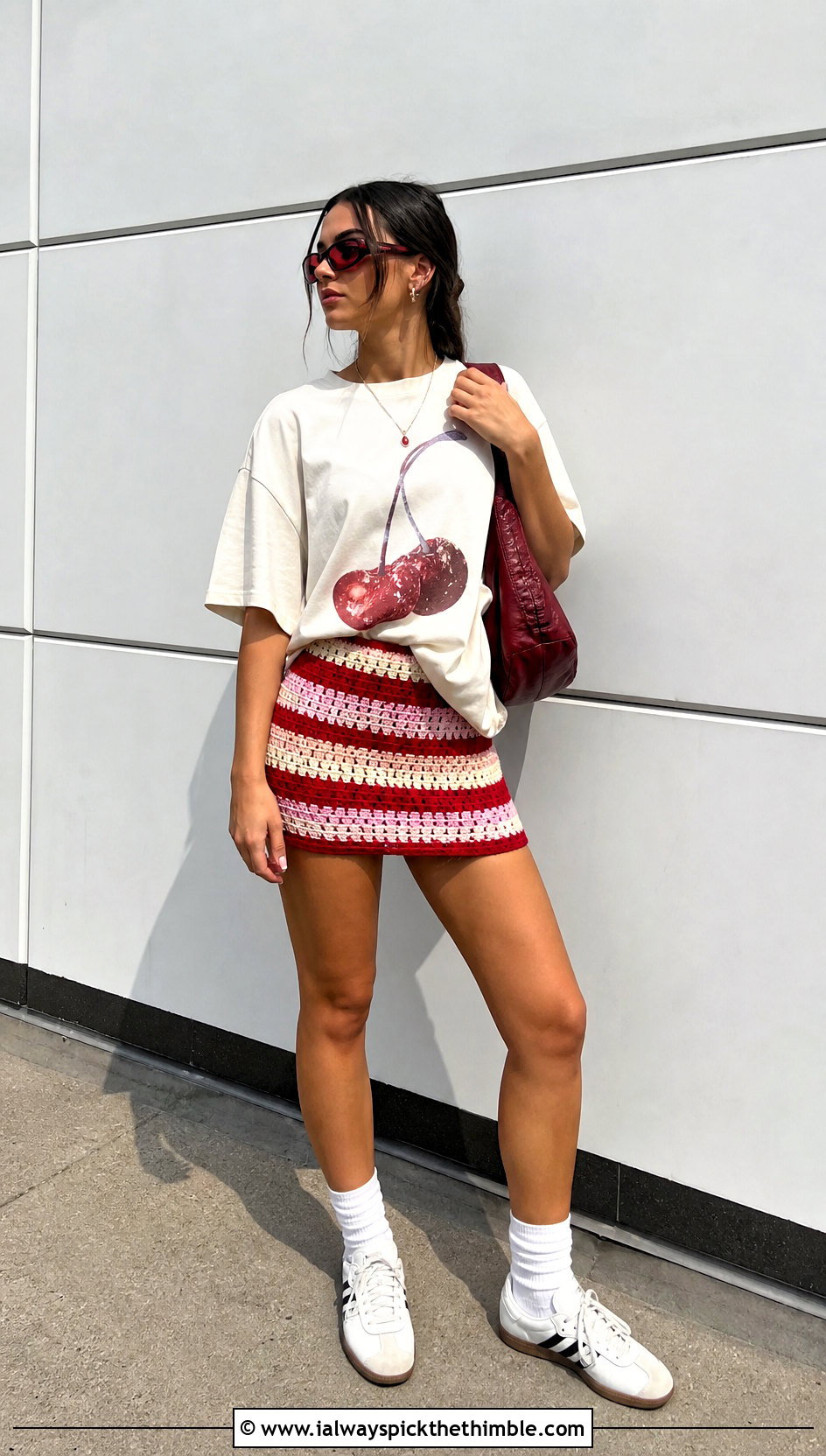 Striped Mini Crochet Skirt With Graphic T Shirt - 25 mini crochet skirt outfit ideas