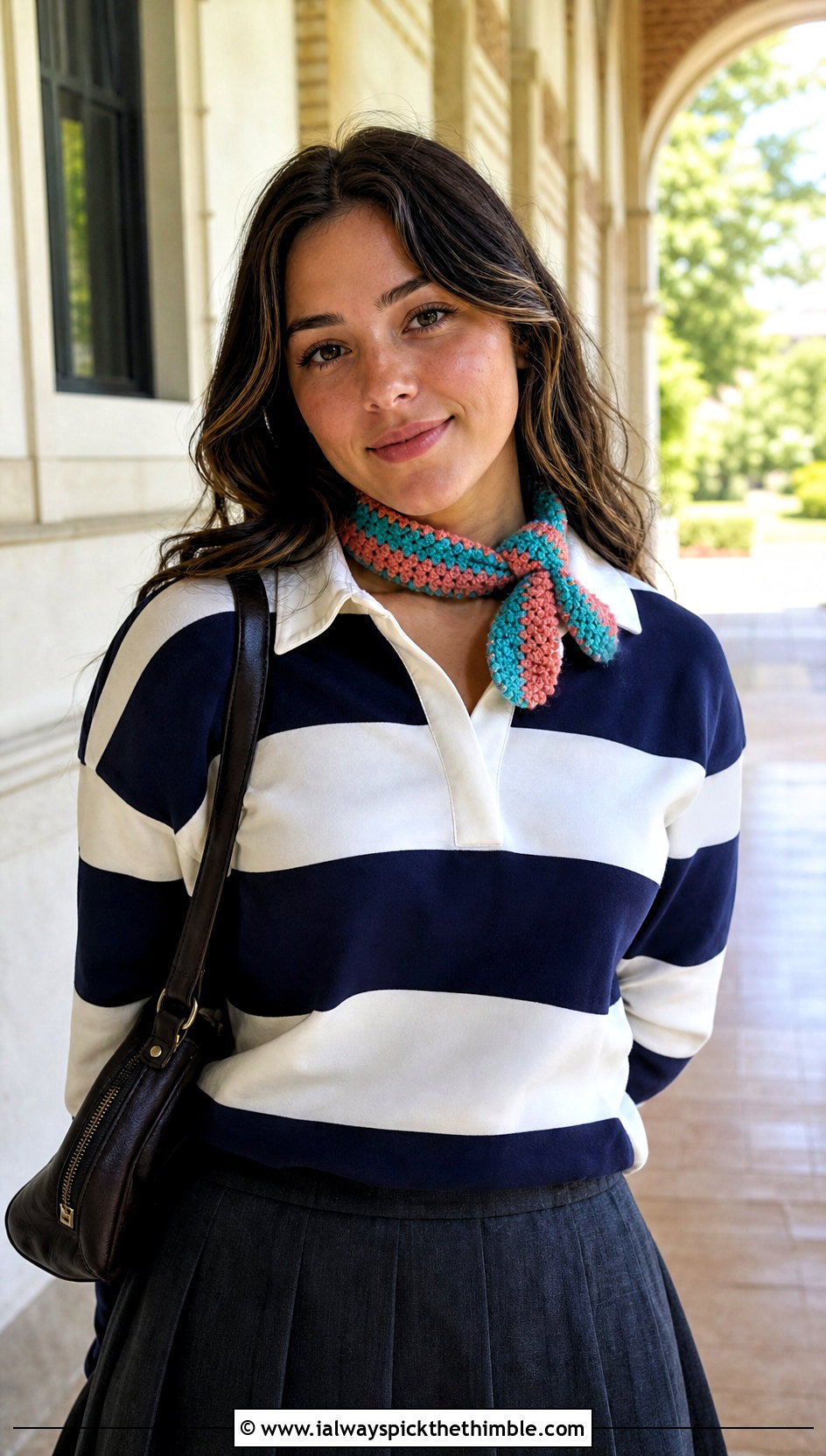 Striped Mini One Ball Crochet Scarf With Rugby Shirt And Pleated Skirt - 15 one ball crochet scarf outfit ideas