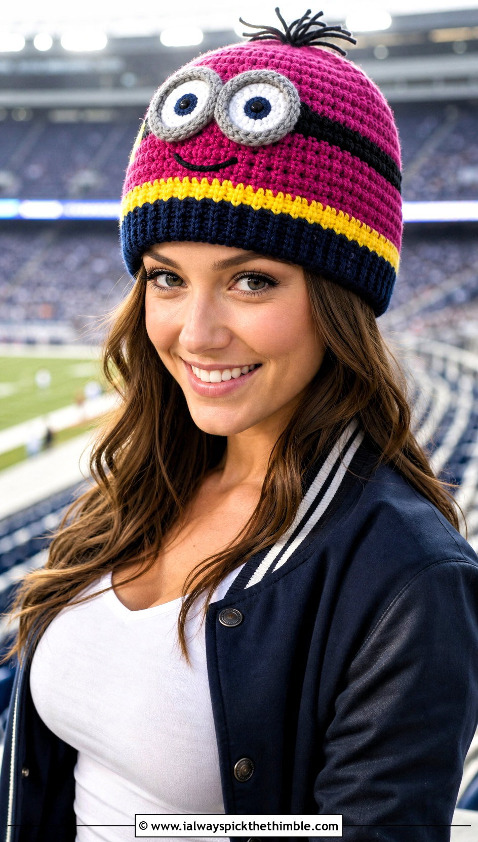 Striped Minion Crochet Beanie With Varsity Jacket - 20 minion crochet beanie outfit ideas