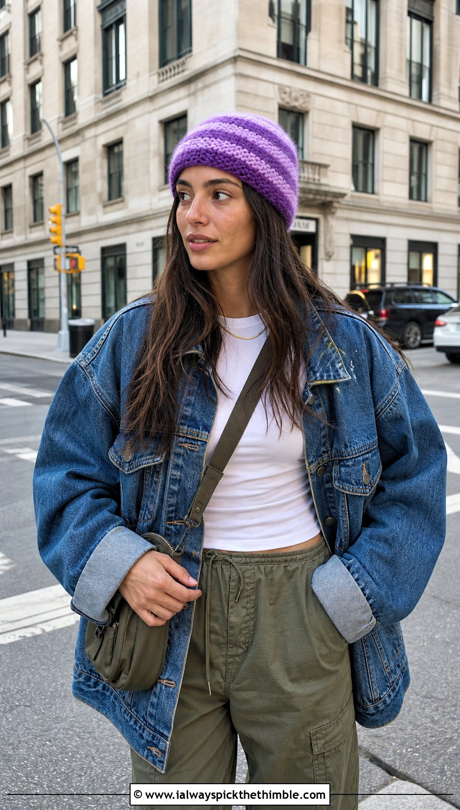 Striped Mohair Crochet Beanie With Denim Jacket And Cargo Pants - 25 mohair crochet beanie outfit ideas