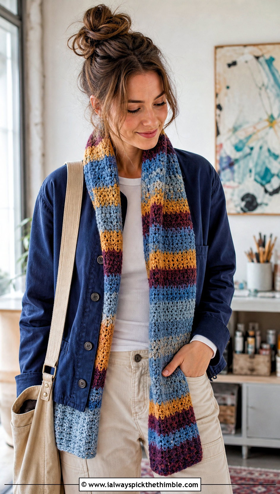 Striped Mosaic Crochet Scarf With Chore Jacket - 20 Mosaic Crochet Scarf outfit ideas