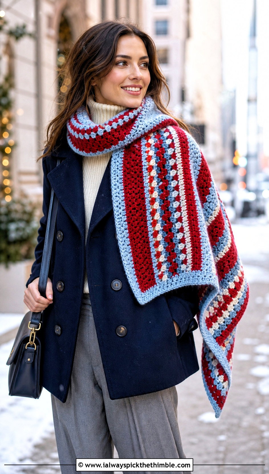 Striped Mosaic Crochet Shawl With Peacoat And Pleated Trousers - 20 mosaic crochet shawl outfit ideas