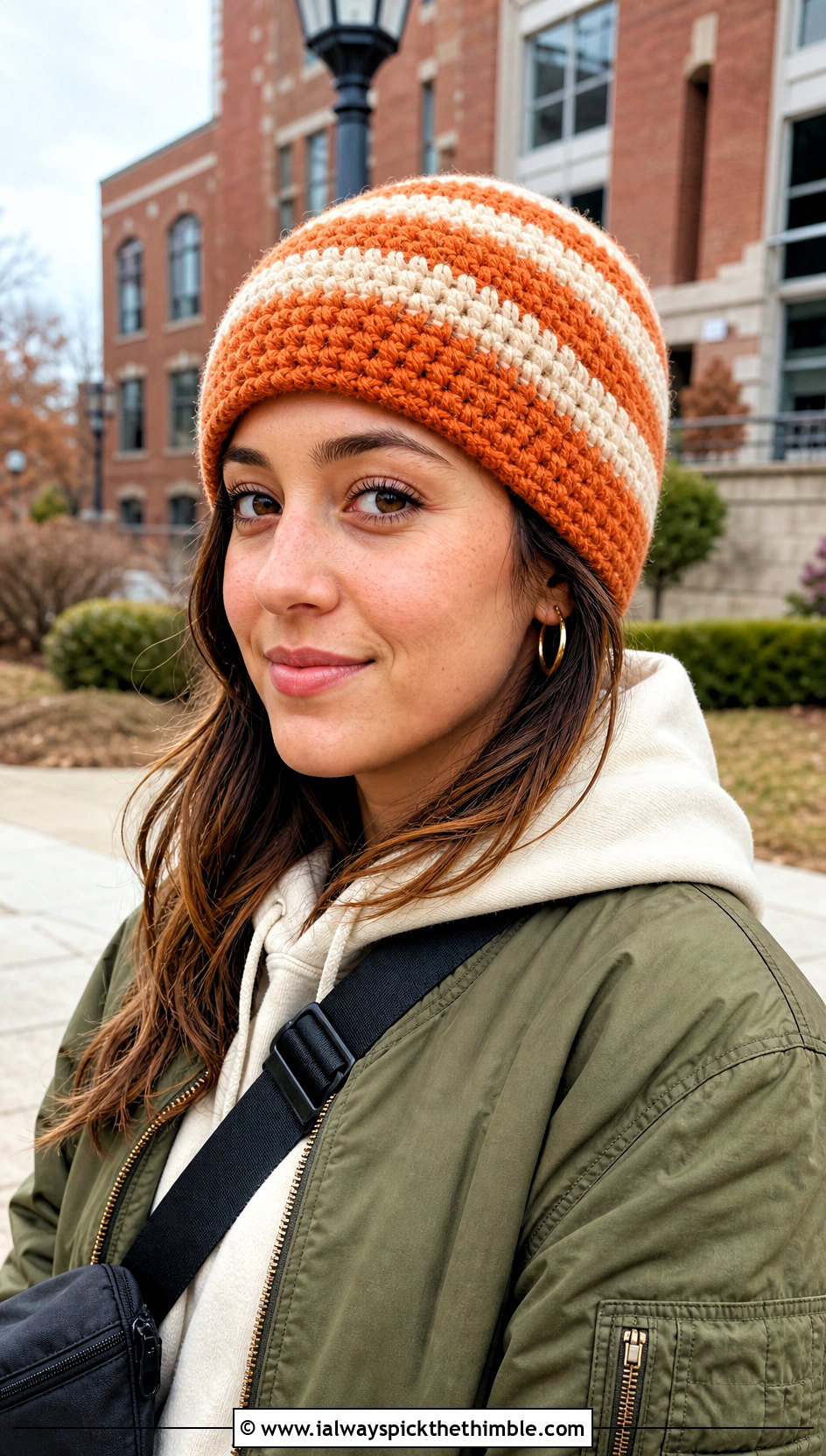 Striped Moss Stitch Beanie With Hoodie and Cargo Pants - 20 Crochet Moss Stitch Beanie outfit ideas