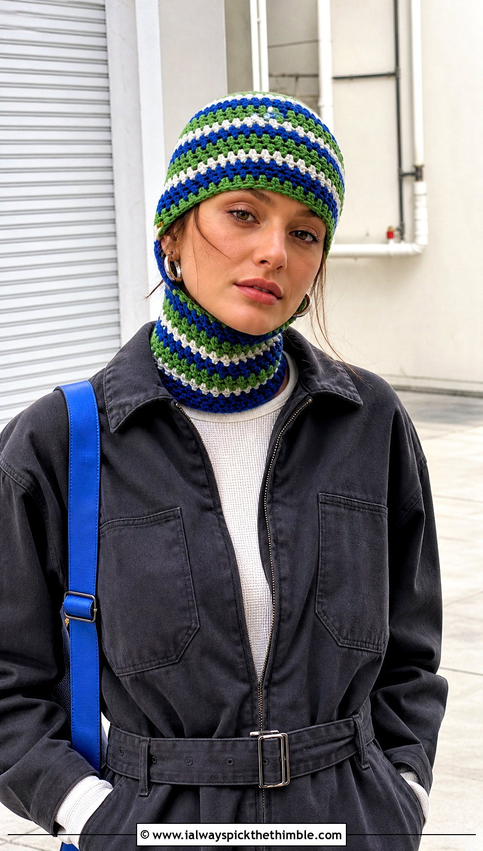 Striped Moss Stitch Crochet Balaclava With Utility Jumpsuit - 15 Striped Crochet Balaclava outfit ideas